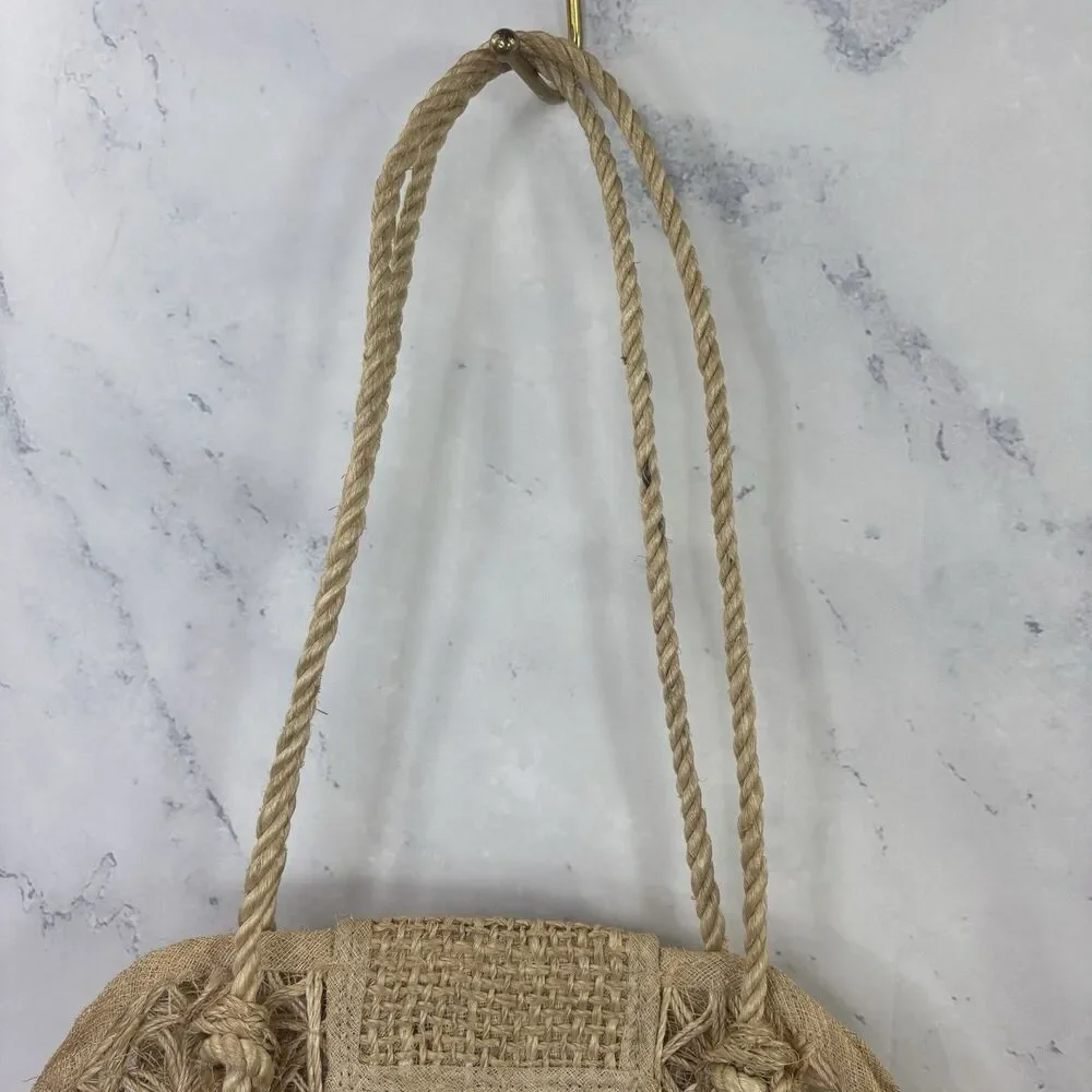 Vintage 70s peasant Rattan Straw Tote Woven Bag Beach Knitting Cottagecore Folk